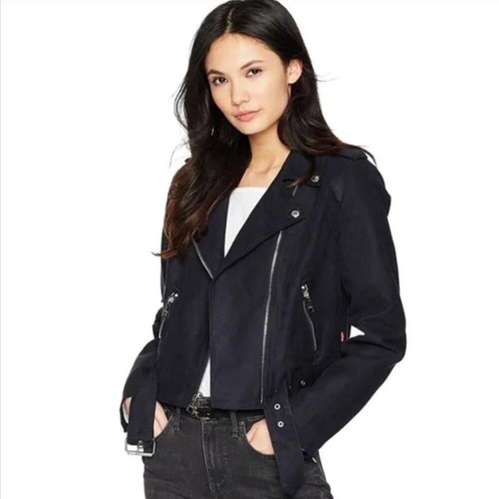 Levi's Cropped Faux-Suede Moto Jacket-Navy